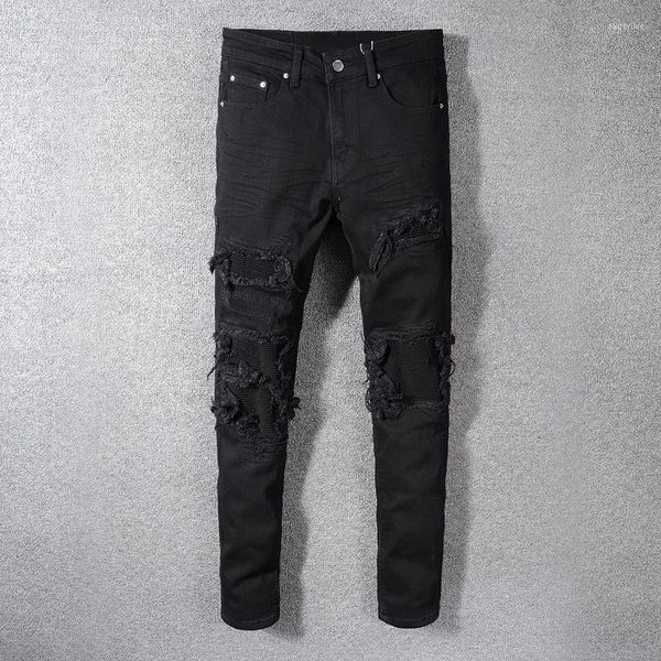 men's jeans fashion streetwear men black color patchwork destroyed denim pencil pants ripped for hip hop skinny hombre, Blue